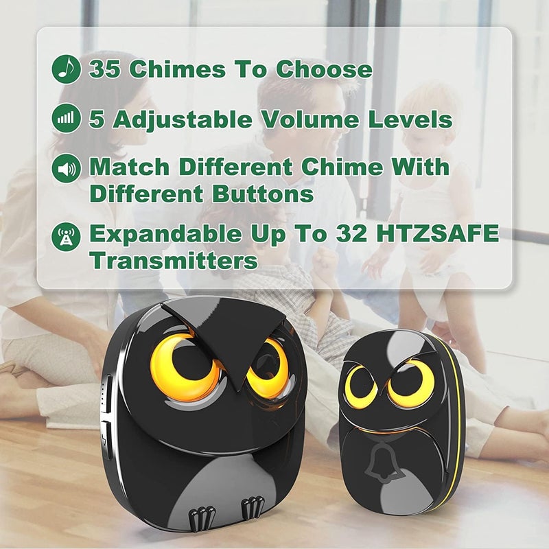 HTZSAFE Wireless Doorbell, Cute Owl Doorbell Weatherproof IP55 Outdoor Remote Push Button- 1000 feet Long Wireless Range- 35 Classic Melodies Optional, 5 Volume Levels & LED Flash-1 Receiver+2 Transmitters - Image 4